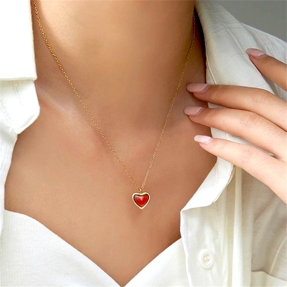 ◾️18k Gold Plated Red Agate Stone Heart Pendant Clavicle Necklace Chain - Picture 5 of 12